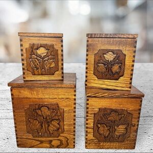 Vintage Sears Nesting Wood Canister Set Carved Japan Folk Art Boho Kitchen 1976